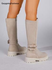 Beige Double Buckle Thick Sole Side Zipper Autumn/Winter Versatile Non-Slip Chunky Heel Tall Boots - Beige - View 6