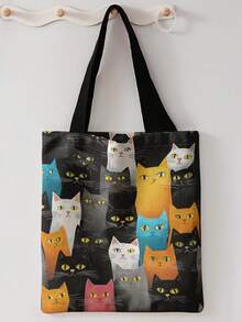 1pc Reading Black Cat Print Shoulder Tote,Large Capacity For Books,Groceries & Daily Beach Travel School Use.For Students, Great Daily Bag Or Gift - Multicolor - View 9