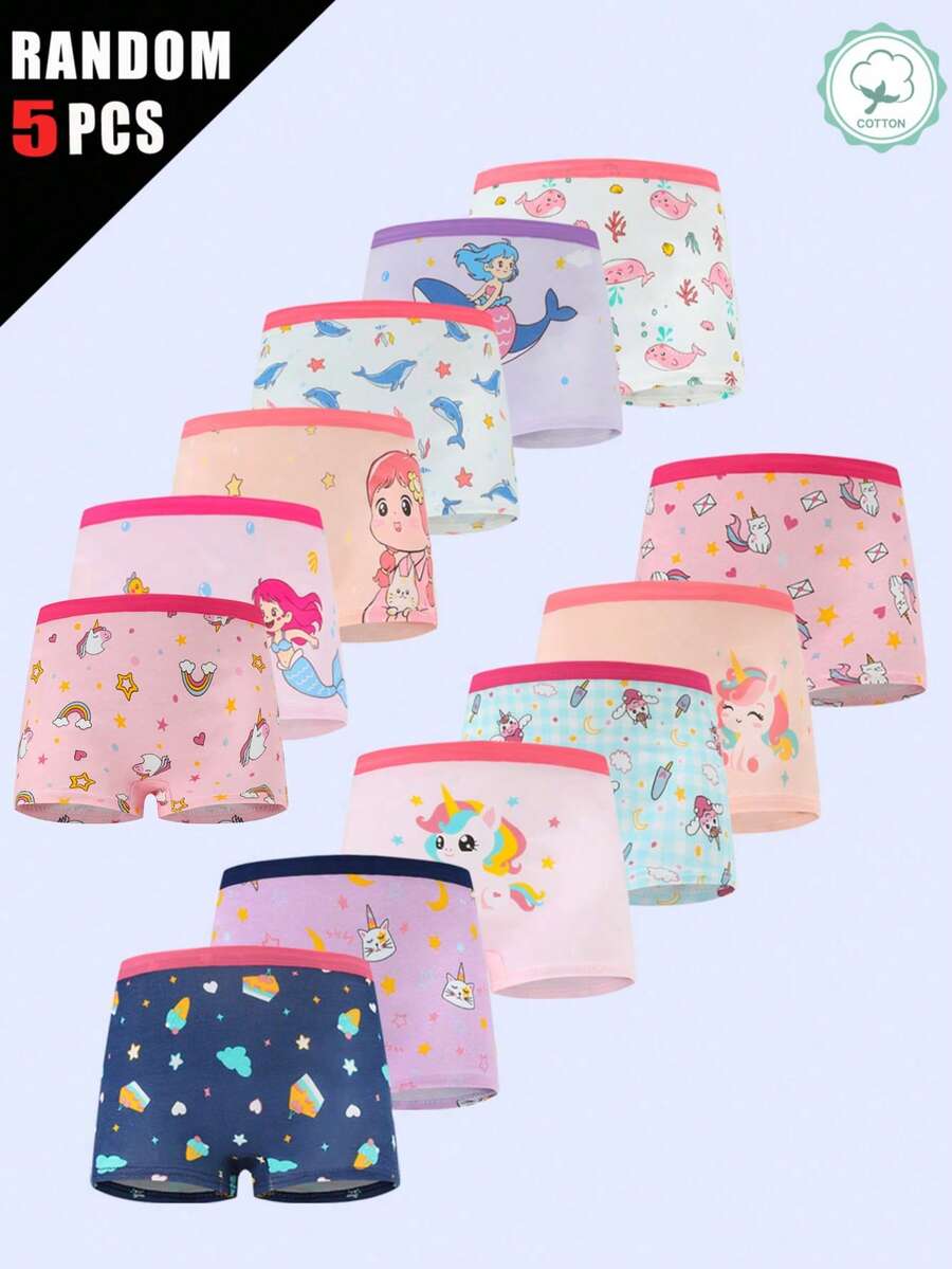 Random 5Pcs Girls Big Tween Girl Panties Cute Cartoon Animal Print Elastic Breathable Comfortable Girls Boxer Briefs - Multicolor - View 1