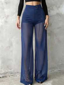 Women's Solid Color Sheer Mesh Casual Elegant High Waist Straight Leg Pants, Suitable For Daily Wear, Commuting, Dating, Gathering - Royal Blue - View 2