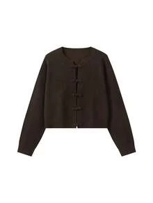 FOR BEAUTY Women's Y2K Deep Chocolate Brown Knotted Button Round Neck Knit Cardigan Jacket, Autumn Fashion Casual Outfit Fall - Brown - View 7