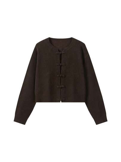 FOR BEAUTY Chaqueta de punto tipo cárdigan para mujer Y2K, marrón chocolate profundo, con cuello redondo, botones y nudo, moda casual de otoño