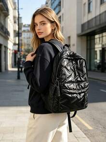 Mochila clásica de moda para estudiantes, nuevo estilo universitario elegante, diseño de patrón de rombos de unicolor, mochila de gran capacidad con múltiples bolsillos, adecuada para viajes y vacaciones, opción ideal para uso en el campus durante las clases. Viajes de corta distancia - Negro - Ver 4