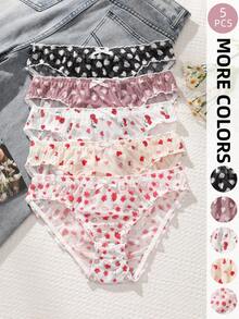 5pcs/Pack Girls Style Mesh Women's Triangle Panties, Heart & Ditsy Floral, Ruffle Waistband With Small Bow, Lightweight Soft Skin-Friendly Sweet Women's Triangle Panties - Multicolor - View 1