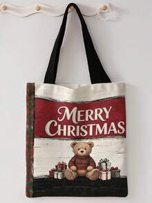 1pc Christmas Bear Print Canvas Tote Bag, Large Capacity Hand‑Held Shoulder Bag,Reusable Shopping Bag For Music Festival Party Daily Packing Books - Multicolor - View 8