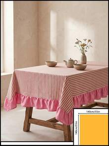 1pc White Base Red Striped Pink Ruffle Edge Tablecloth, Fresh Natural Style Fabric Rectangular Pink Ruffle Edge Patchwork Detail Decorative Functional Dining Tablecloth Suitable For Daily Home Dining And Fresh Home Decor Scenes - Red - View 17