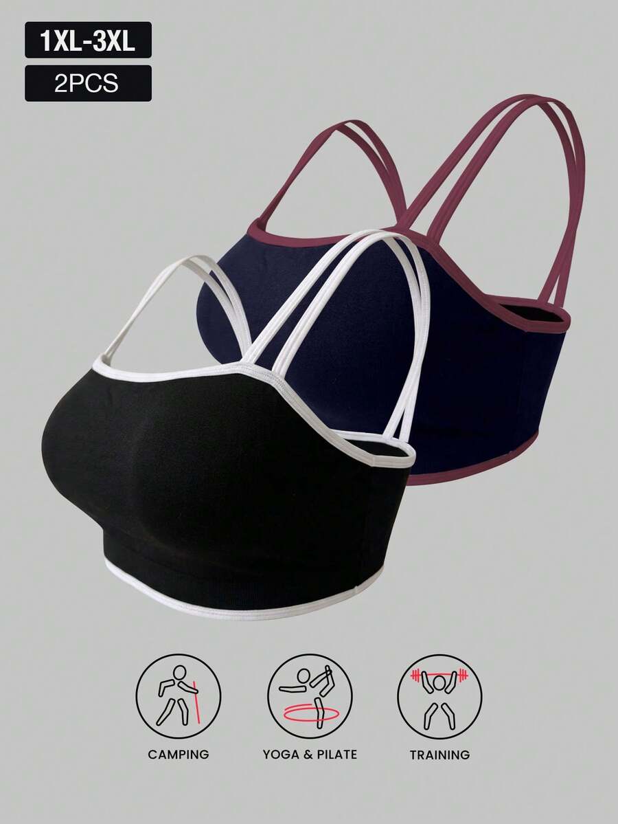 2pcs/Set Women Plus Size Seamless Contrast Color Low Support Knit Sports Bra, Suitable For Yoga, Fitness, Daily Wear - Multicolor - View 1
