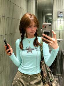 Autumn Slim Fit Round Neck Long Sleeve Women's T-Shirt, Niche Star & Letter Print Unique Mint Green Top - Mint Green - View 4