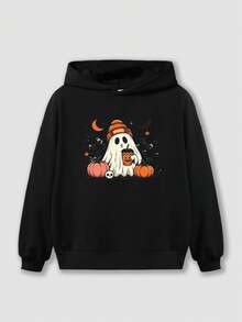 1pc Boys Halloween Sweatshirt, Ghost Print Hooded Sweatshirt, Suitable For Boys Daily Wear, Party, Holiday Gift - Black - View 2