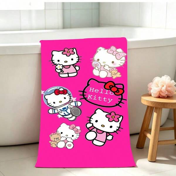 SANRIO منشفة حمام وردية زاهية بنمط هالو كيتي متعدد الشخصيات - منشفة حمام من ألياف البوليستر ناعمة وماصة وسريعة الجفاف؛ مطبوعة بأنماط قطة كرتونية لطيفة ورائد فضاء ودب منشفة شاطئ كبيرة؛ خفيفة الوزن وعملية، مناسبة للحمام والمسبح والسفر والتخييم؛ ديكور حمام لطيف وحلو هدية للبنات والأطفال