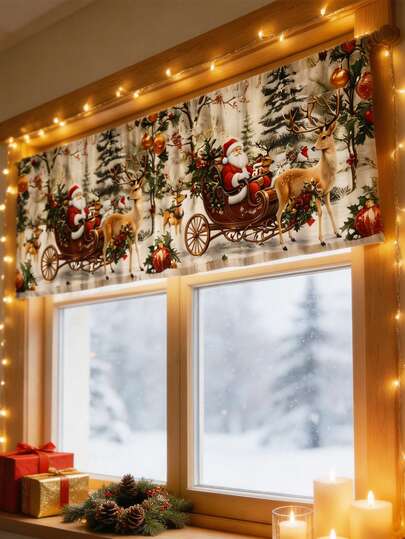 1Pc Christmas Curtain Valance With Santa Claus Sled Elk Pattern, 139*46cm Polyester Hanging Window Decoration, Rod Pocket Short Curtain, Merry Christmas Decoration, Xmas Decor, Christmas Decor, Holiday Party Decoration, Winter Home Decor, Bedroom Kitchen Living Room Window Decoration, Christmas Hanging Decor, Indoor Outdoor Decoration