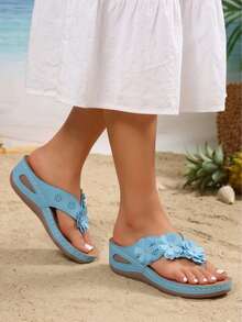 1 Pair Plus Size Women's Floral Print Thick Sole Wedge Slippers, Floral Decor Outdoor Sandals, Vacation Beach Summer Travel Essential - Sky Blue - View 6