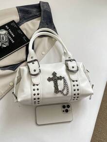 Shoulder Bag With Rivet Decoration, Detachable Strap And Zipper Closure, Cool Style Underarm Bag, Women's Bag, Unique Niche Design For Daily Outings, Dates, Commuting And Casual Crossbody Wear - White - View 3