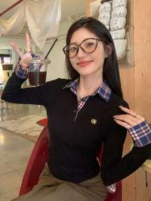 2 In 1 Plaid Patchwork Polo Collar Long Sleeve T-Shirt - Black - View 2