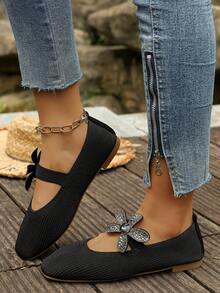 Elegant Rhinestone Floral Decor Flat Shoes, Knitted Fabric Square Toe Low-Top Commuter Women's Shoes - Black - View 4