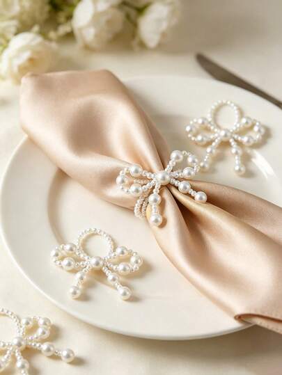 1/2/4/8pcs Pearl Bow Napkin Rings, White Beaded Bow Napkin Holders, Elegant Romantic Wedding Table Decor, Bridal Shower Banquet Dinner Party Farmhouse Style Table Setting Decoration Napkin Clips, Reception Holiday Tabletop Ornaments