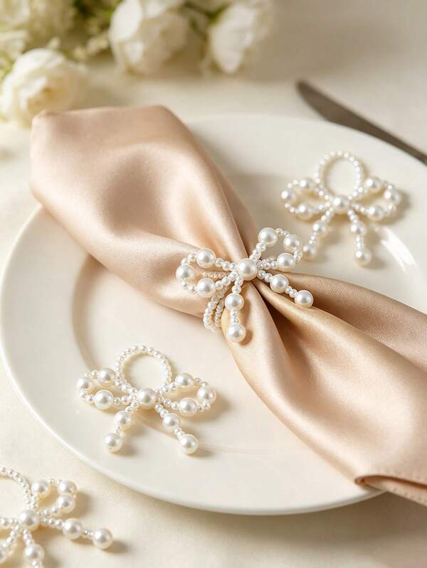 1/2/4/8pcs Pearl Bow Napkin Rings, White Beaded Bow Napkin Holders, Elegant Romantic Wedding Table Decor, Bridal Shower Banquet Dinner Party Farmhouse Style Table Setting Decoration Napkin Clips, Reception Holiday Tabletop Ornaments