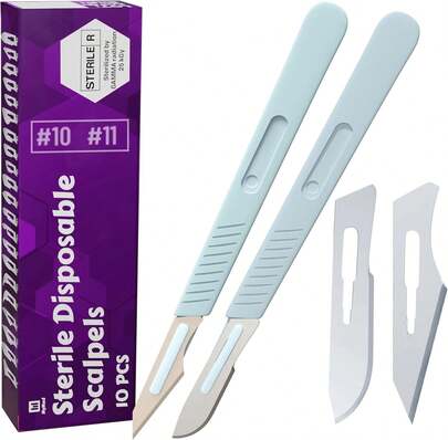 Disposable Scalpel #10 And #11 Scalpel Blades, Pack Of 10 Dermaplaning Blades W. Plastic Handle, Carbon Steel Dermablade Blades Individually Wrapped
