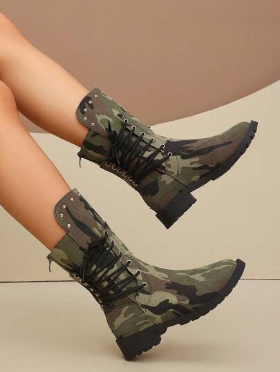 Fashionable Western Boots, Army Green Camouflage Lace-Up Mid-Calf Boots. Rivet Decor Side Zipper Non-Slip Thick Sole Autumn/Winter Workwear Style Casual Women's Boots. Back Zipper Lace-Up Design Motorcycle Boots