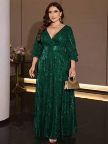 XUIBOL Elegant Plus Size Gold Sequin Evening Gown, Deep V-Neck, 3/4 Flare Sleeves, Waist Tie, Suitable For Formal Evening Occasions - Dark Green - View 4