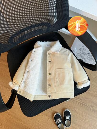 Baby Boy Winter Casual Fashion Plush Turn-Down Collar Jacket, 1pc, Soft Plush Large Turn-Down Collar, Dual Side Large Pockets, Elastic Cuffs, Simple Casual, Warm And Practical, Suitable For Daily Outings And Multiple Styling Scenarios