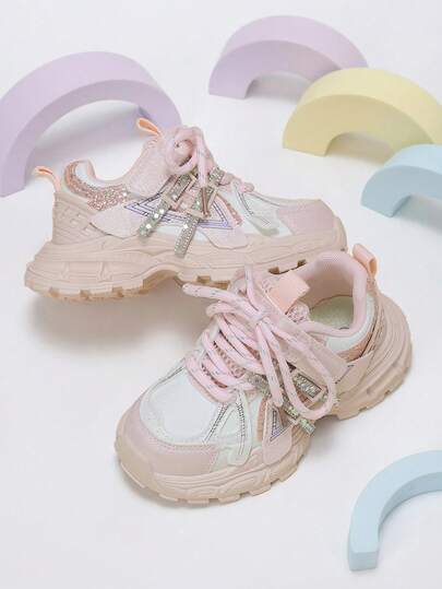 1 Pair Kids Pink Sequin Lace-Up & Hook And Loop 2-Way Wear Casual Sweet Chunky Sneakers, Suitable For School & Outdoor Sports