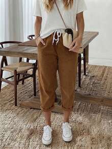 Celana Panjang 3/4 Kasual Warna Polos Ukuran Plus Wanita Jisfaneya, Pinggang Elastis dengan Tali Serut dan Saku - Coklat - View 1