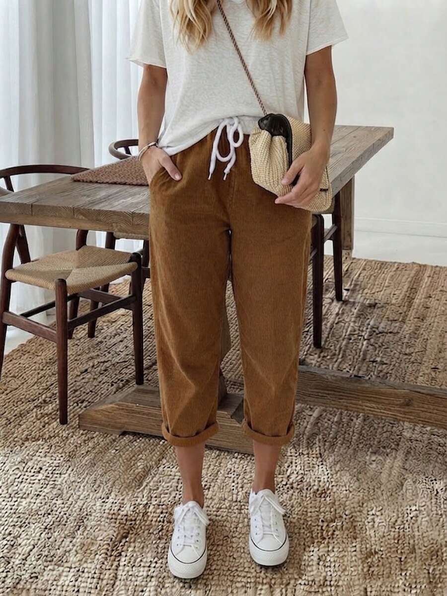 Celana Panjang 3/4 Kasual Warna Polos Ukuran Plus Wanita Jisfaneya, Pinggang Elastis dengan Tali Serut dan Saku - Coklat - View 1