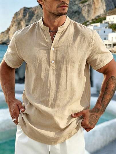 1pc Men's White Linen Henley Collar Shirt, Breathable Stand Collar Short Sleeve Summer Beach Casual Shirt, Versatile Men's Shirt, Suitable For Daily Outdoor Wear