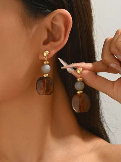 1 Pair Women's Gold Pearl Pendant Earrings, Vintage Brown Beaded Drop Earrings, Minimalist Elegant Jewelry, Suitable For Daily Wear, Party, Vacation