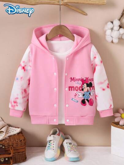Disney Cartoon Minnie Spring/Autumn Girls Casual Pink Hooded Long Sleeve Fleece Jacket, Children's Letter Print Tie-Dye Fashion Long Sleeve Ribbed Snap Button Hooded Top, Young Girl Daily Versatile Outdoor Entertainment Party Wear, Girls Energetic Playful Clothing