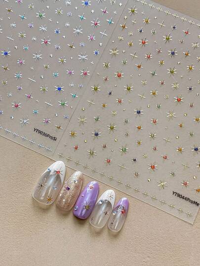 Colorful Tiny Eight-Pointed Stars Nail Art Stickers, 1pc 5D Embossed Self-Adhesive DIY Nail Stickers And Decals - Nail Supplies And Nail Charms For Girls And Women- Autumn Winter Nails For Nail Art Home Salon
