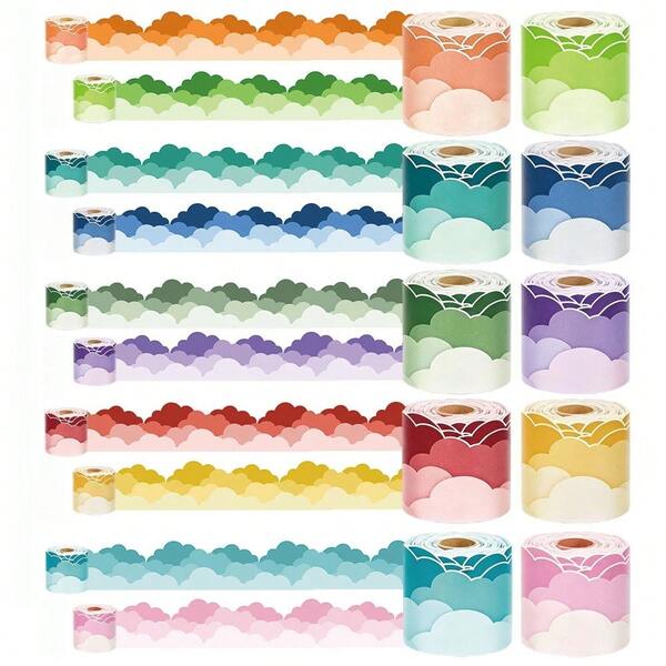 10m Colorful Cloud Border Vintage Cloud Stickers, Multi-Color Festive Edge Trim, Wavy Cloud Decorative Stickers With Free Cutting And Self-Adhesive, Suitable For School Office Blackboard Decoration