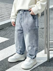 Young Boy Loose Washed Denim Jeans, Suitable For Autumn Casual, School, Outdoor Wear - Blue - View 1