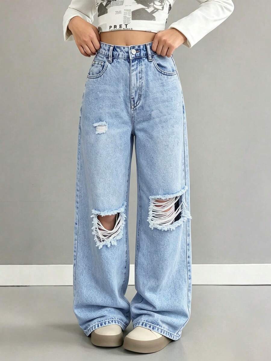 Girls Casual Loose Straight Leg Ripped Jeans, Light Blue, Summer, Street Style, Campus Style, Back To School Season Elastic Waist Distressed Denim - Blue - View 1