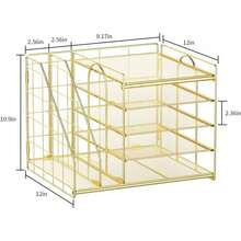 Organizador de computadora con soporte para archivos, bandeja de papel de 5 niveles, organizadores de computadora de malla y accesorios con soporte para revistas, organizador de computadora - Dorado - Ver 7