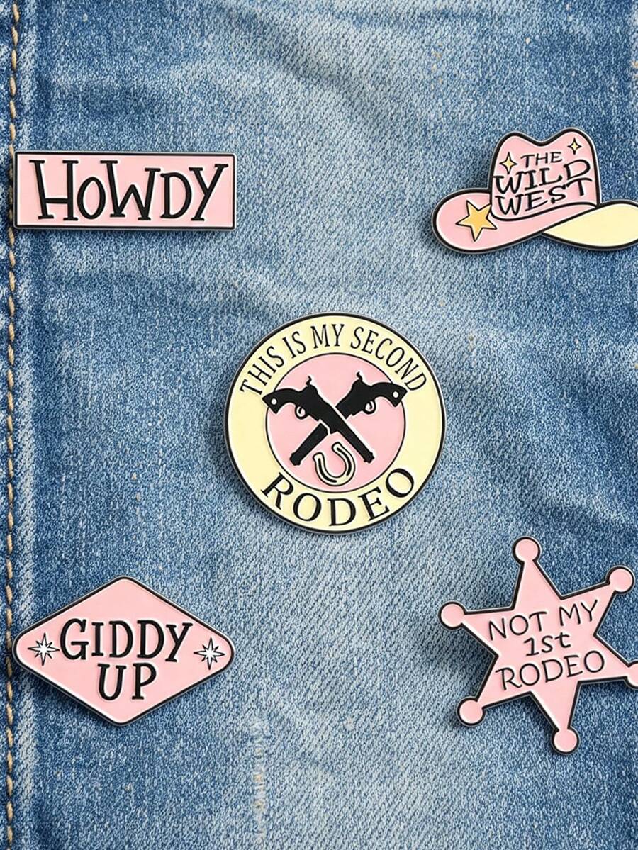 QIHOO 5pcs Western Cowboy Style Enamel Brooch Set - Cowboy Rodeo Theme Badges, Pink Cowboy Hat / Howdy Slogan Brooch, Suitable For Backpack / Cowboy Jacket, Western Style Accessory Gift, Suitable For Women / Students - Multicolor - View 1
