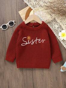 Sweater Rajut Leher Bulat untuk Bayi dan Balita, Atasan dengan Bordir Huruf dan Bunga, Warna Burgundy Vintage, Lengan Raglan, Kancing Belakang, Sweater Bayi Musim Semi dan Gugur - Burgundy - View 8