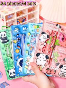 4 Sets/24PCS Panda Rabbit Puppy Astronaut Pattern Cartoon Stationery Set, Student Pencil Set, Includes Pencils, Rulers, Erasers, Sharpeners, Notebooks - Multicolor - View 7