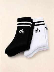1/5/10 Pairs Unisex Letter Striped Black & White Sports Socks, Couple Socks, Comfortable Breathable Sweat-Absorbing Mid-Calf Socks, Casual Socks, Suitable For Daily Wear, Sports, Back To School Season, All Seasons - Black and White - View 5
