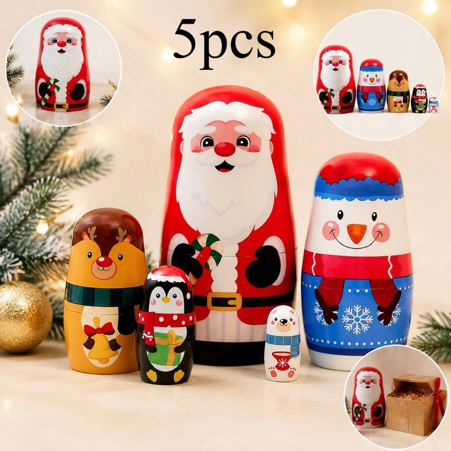 1 Set 5 Boneka Matryoshka Tradisional Rusia - Menampilkan Gambar Santa Claus (Bahasa Rusia: Санта), Hadiah Natal dan Ulang Tahun, Koleksi Dekoratif - MultiWarna - View 1