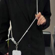 銀色全水鑽手機掛繩，精緻個性化打結閃亮水晶斜跨鏈，附金屬旋轉鉤扣與夾扣，雙扣長款包包替換背帶，女款輕量奢華時尚高端防丟肩背帶相機斜跨吊繩 - 銀色打結斜背繩+金屬夾片 - 查看 4