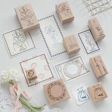 Vintage Wooden Rubber Stamps Set, Fountain Umbrella Candle Strawberry Pattern Wood Seal For Journal Scrapbooking Card Making DIY Craft Decor,Multipurpose Stamps - Multicolor - View 1
