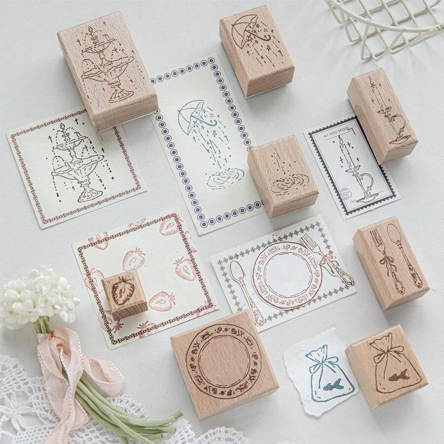 Vintage Wooden Rubber Stamps Set, Fountain Umbrella Candle Strawberry Pattern Wood Seal For Journal Scrapbooking Card Making DIY Craft Decor,Multipurpose Stamps - Multicolor - View 1