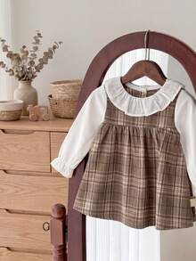 Girls' Spring/Autumn New Plaid Dress, Brown Check 2 In 1 Peter Pan Collar Long Sleeve Princess Dress - Khaki - View 3