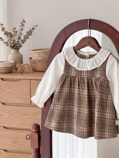 Girls' Spring/Autumn New Plaid Dress, Brown Check 2 In 1 Peter Pan Collar Long Sleeve Princess Dress