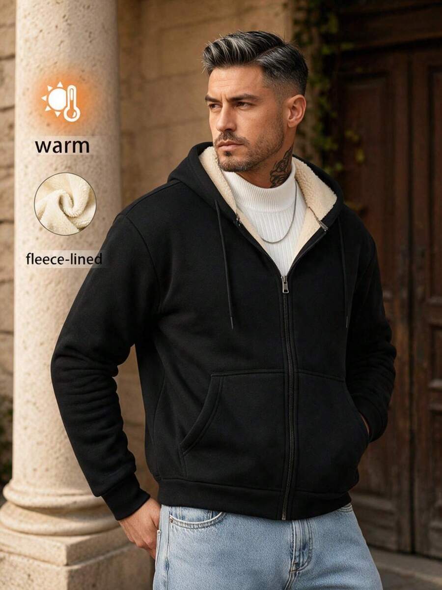 Men's Winter Casual Solid Color Minimalist Hooded Thermal Lined Jacket - Black - View 1