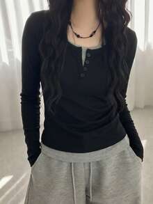 Women's 2-In-1 Patchwork Casual Versatile Long Sleeve T-Shirt, Daily Wear, Black - Black - View 1