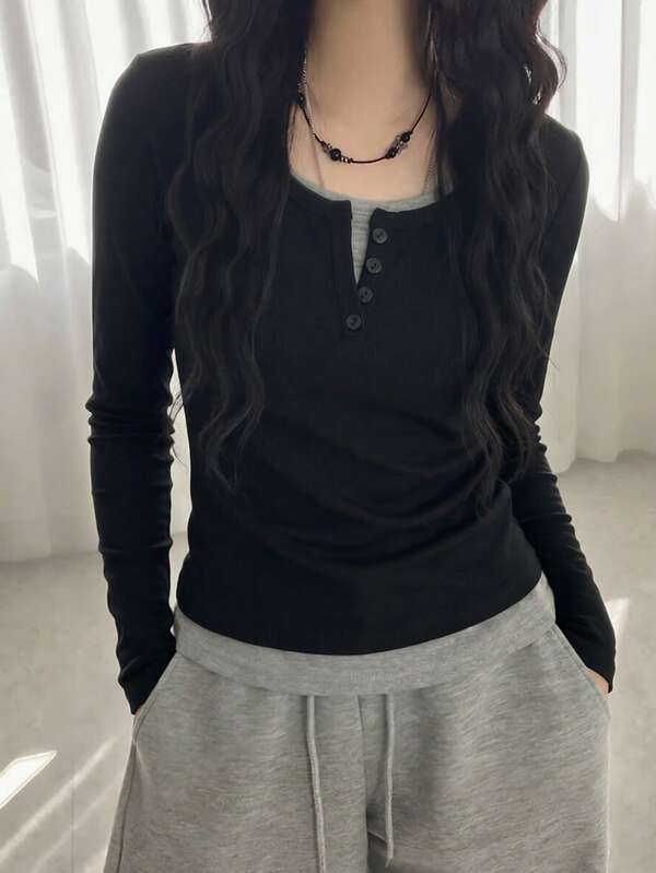 Women's 2 In 1 Patchwork Casual Versatile Long Sleeve T-Shirt For Daily Wear Black