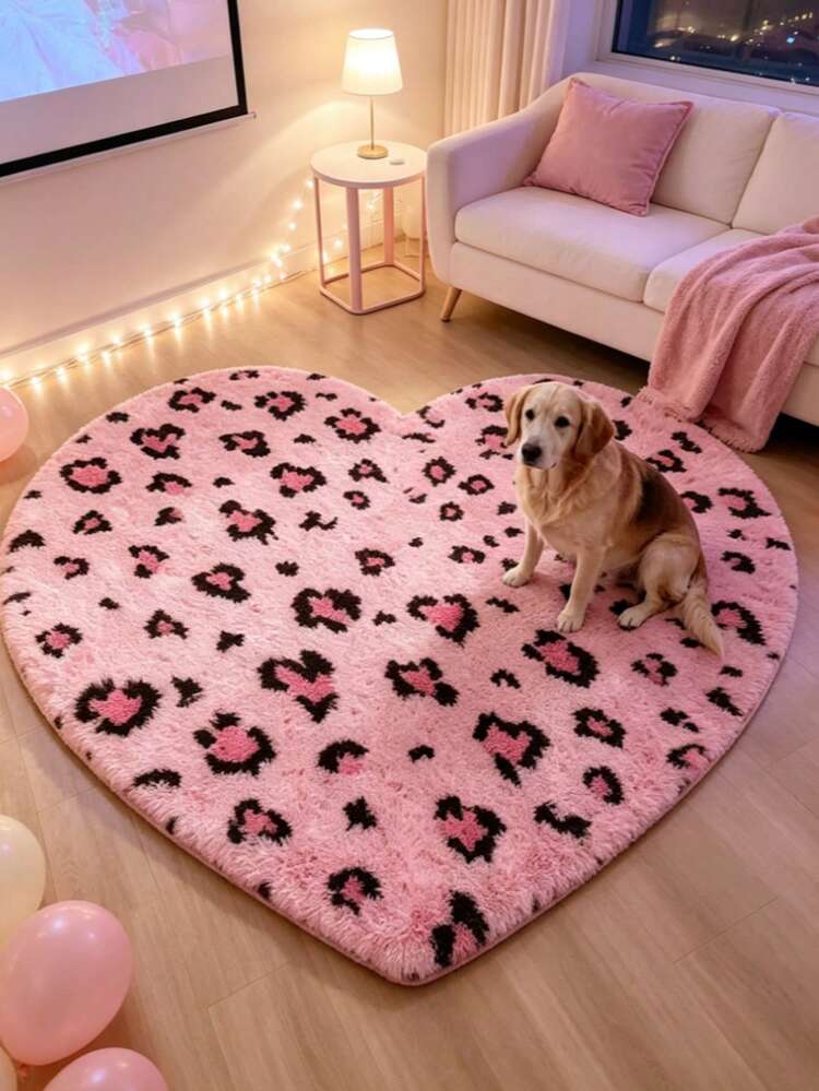 1pc Heart-Shaped Pink Leopard Print Faux Fur Rug, Love & Healing Bedroom Decor, Small Rug, Carpet, Home Decor, Living Room Rug, Living Room Small Rug, Bedroom Rug, Living Room Home Decor, Outdoor Rug, Washable Rug - Multicolor 5 - View 1